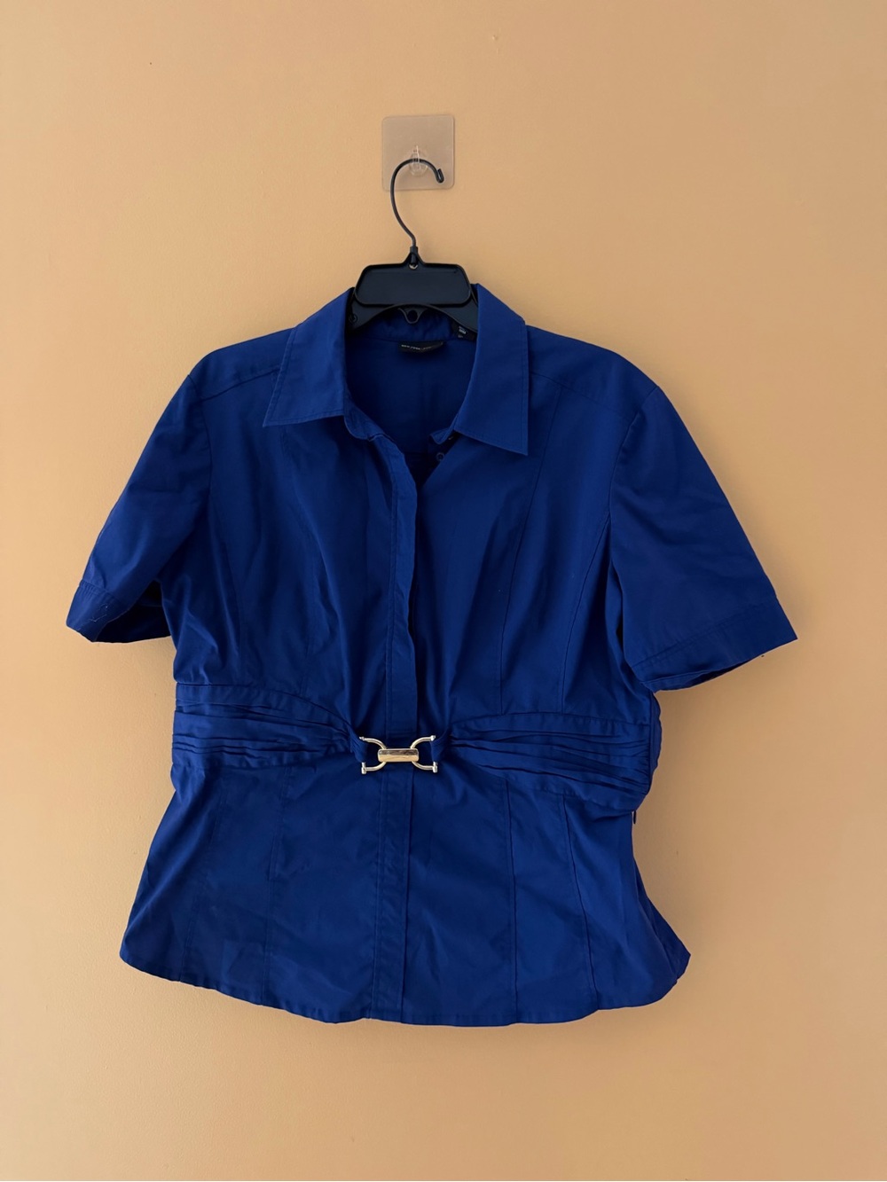 New York & Company Women's Unique Royal Blue Short Sleeve Dress Shirt ruched 16
